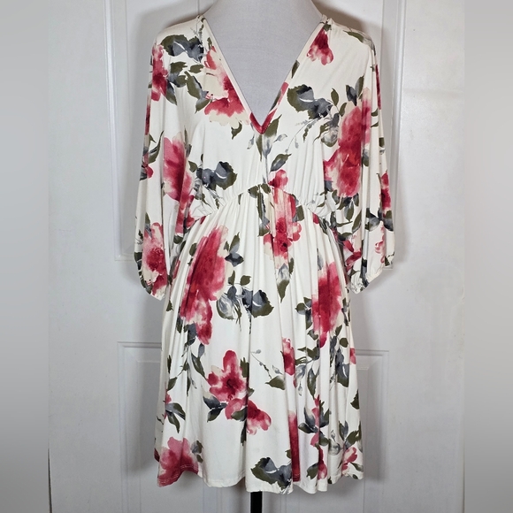 White Birch Floral V-Neck Dress Red White Drape Sleeves - Picture 1 of 8